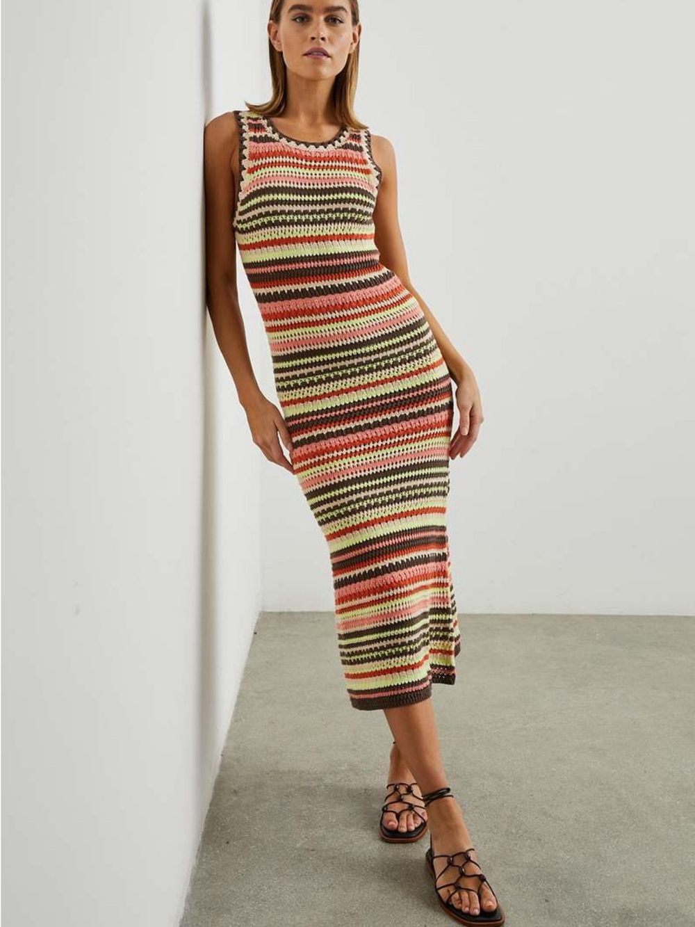 Sleeveless Striped Knit Midi Dress in Coral and Olive